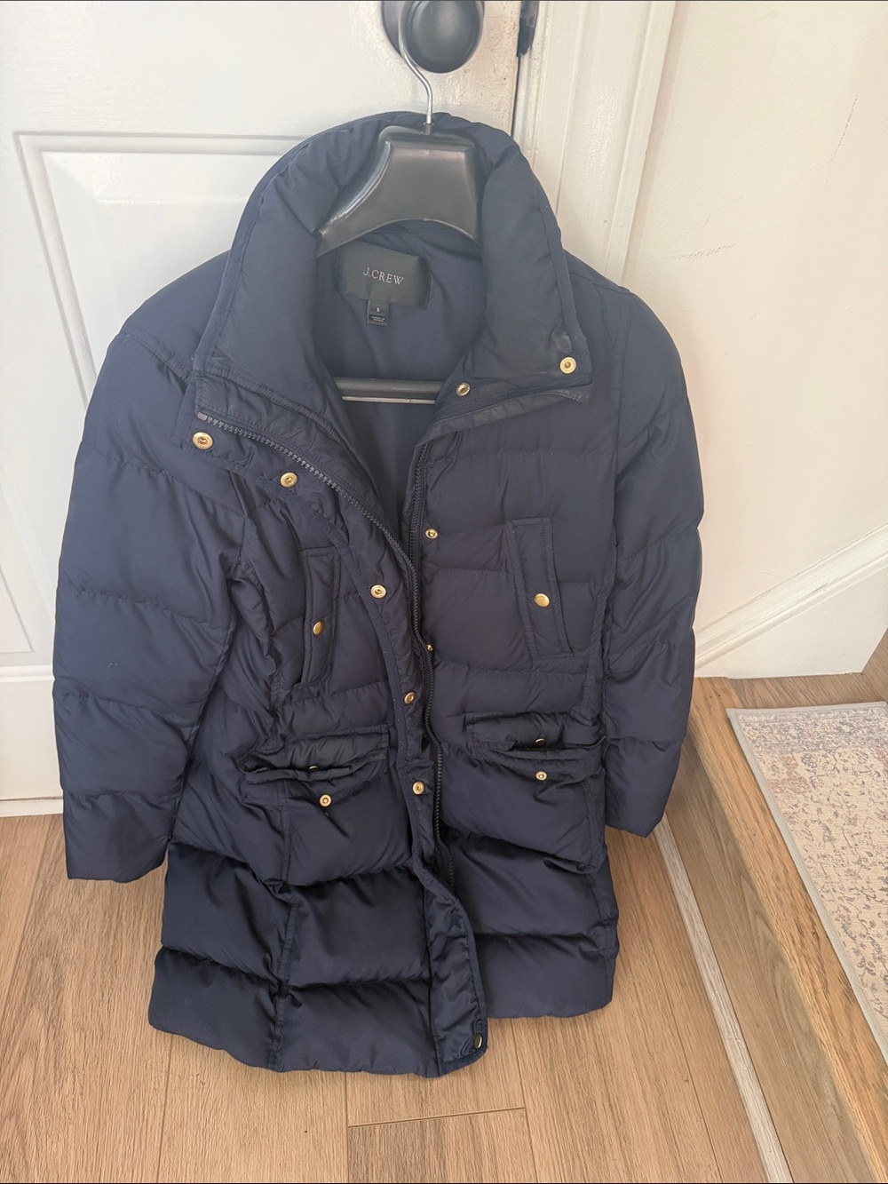 J. Crew Navy Quilted Puffer Coat with Gold Snaps